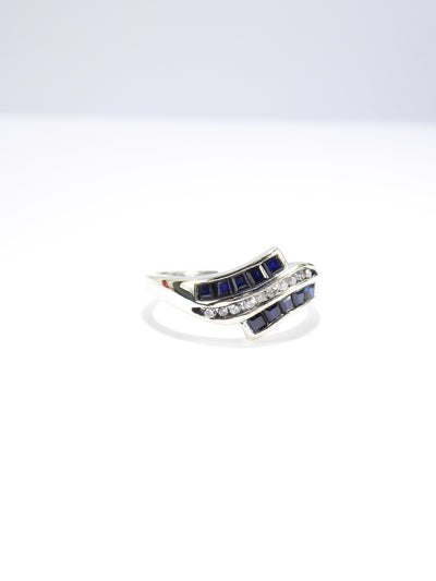 British Unique Vintage Sapphire & Diamond Ring, 9ct White Gold ( UK O - US 7 )