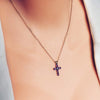 British Vintage Solid Natural Amethyst & Diamond Cross Necklace , 9K Yellow Gold ( With 18" Gold Chain )