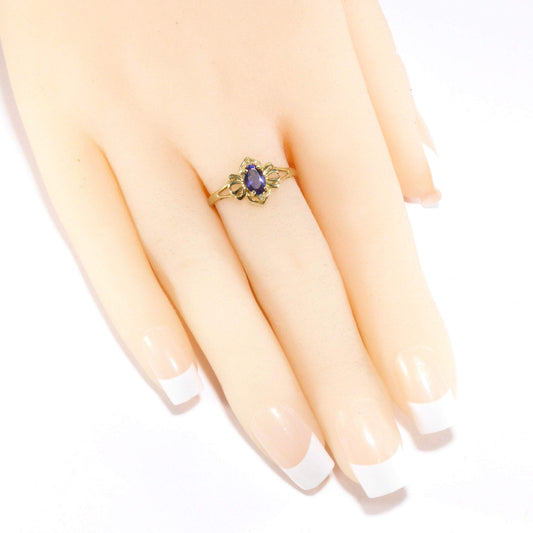 British Vintage Tanzanite & Diamond Ring , 9ct Solid Yellow Gold ( UK O - US 7 / 15mm )
