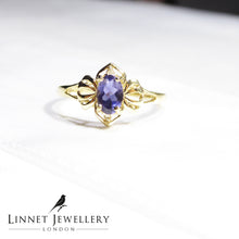 British Vintage Tanzanite & Diamond Ring , 9ct Solid Yellow Gold ( UK O - US 7 / 15mm )