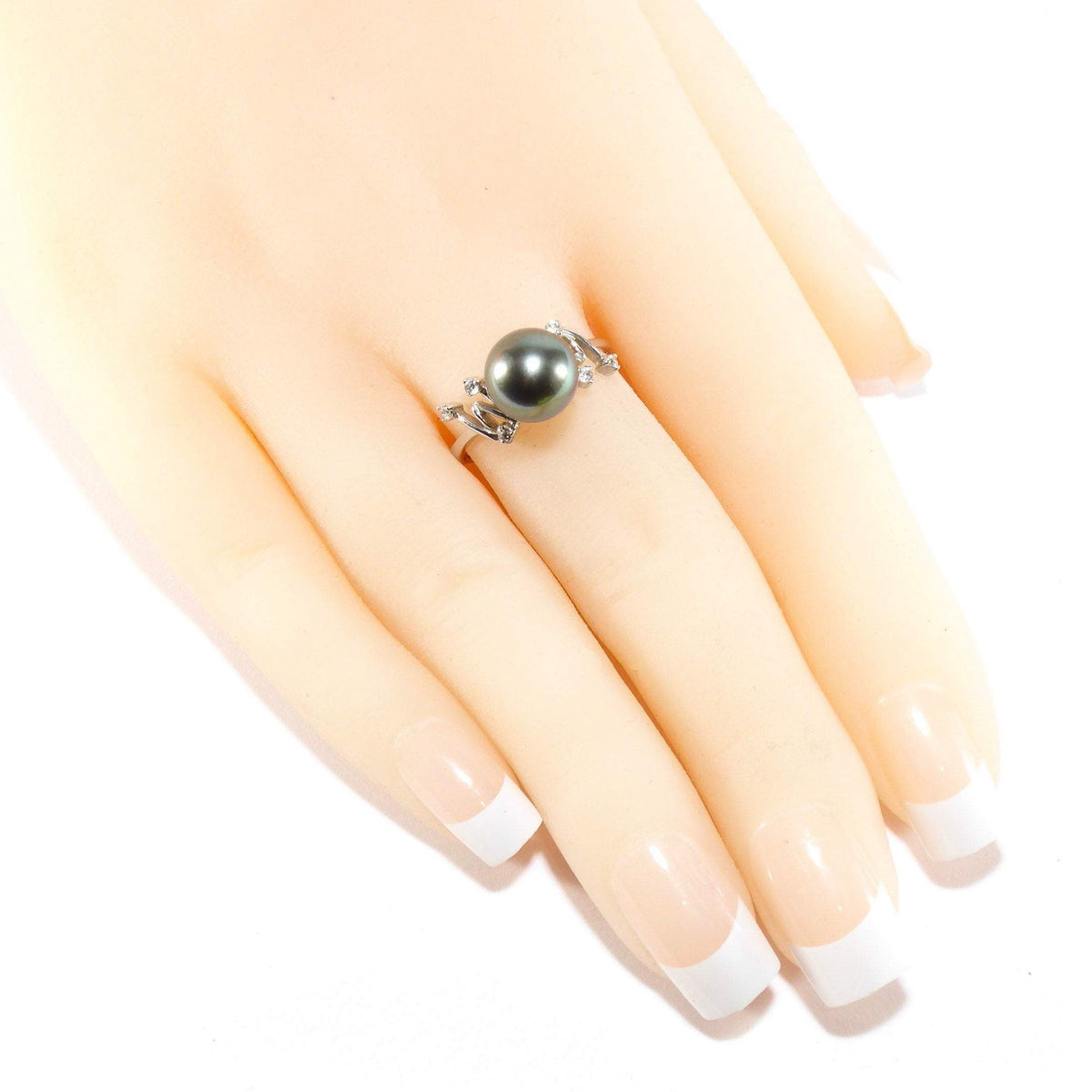 Unique British Vintage 9mm Haitian Pearl & Diamond Ring , 9k Solid White Gold ( UK P - US 7.5 - 16mm )