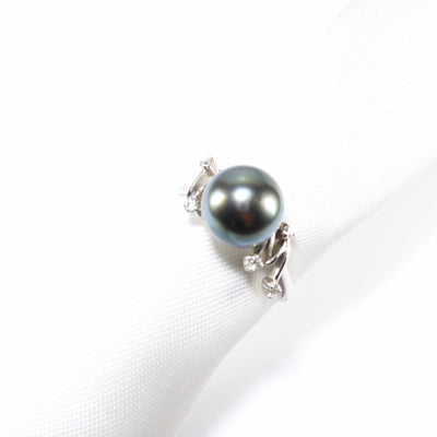 Unique British Vintage 9mm Haitian Pearl & Diamond Ring , 9k Solid White Gold ( UK P - US 7.5 - 16mm )