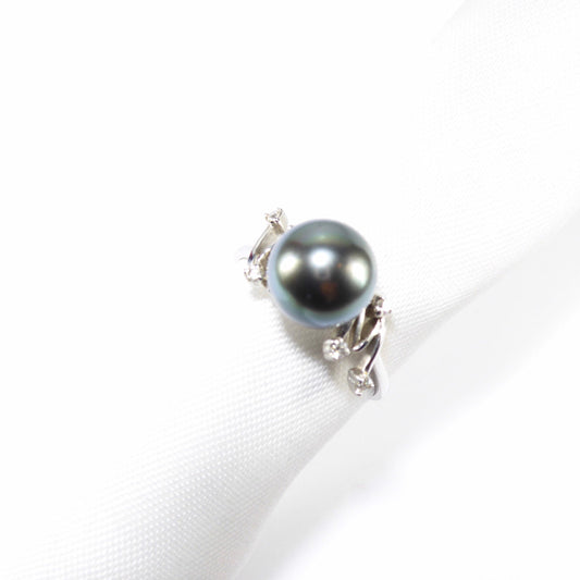 Unique British Vintage 9mm Haitian Pearl & Diamond Ring , 9k Solid White Gold ( UK P - US 7.5 - 16mm )