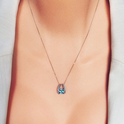 British Vintage Blue Topaz & Natural Diamond  Pendant Necklace , 9K Solid White Gold ( With 18" Gold Chain )