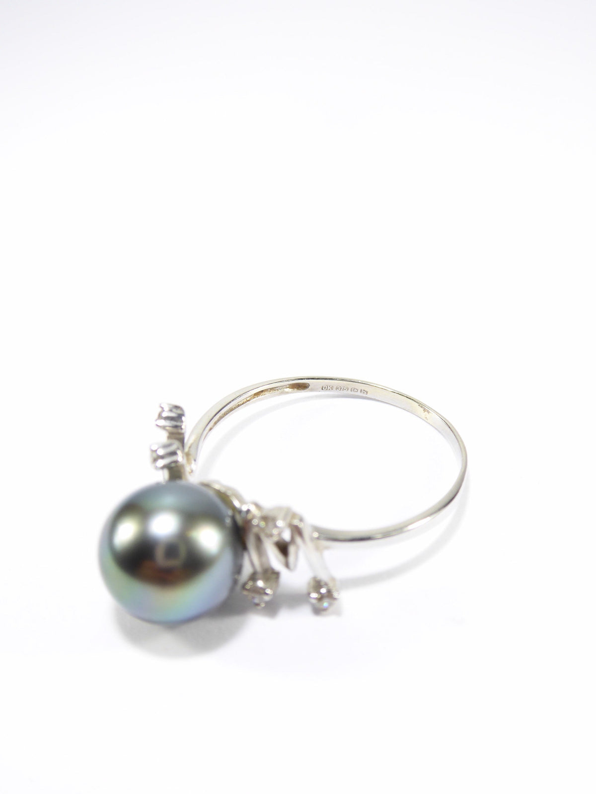 Unique British Vintage 9mm Haitian Pearl & Diamond Ring , 9k Solid White Gold ( UK P - US 7.5 - 16mm )
