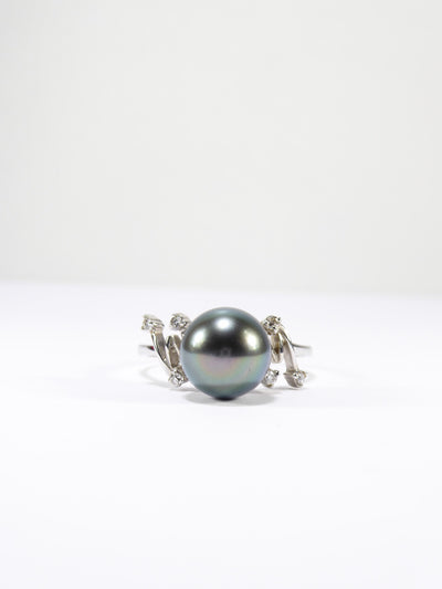 Unique British Vintage 9mm Haitian Pearl & Diamond Ring , 9k Solid White Gold ( UK P - US 7.5 - 16mm )